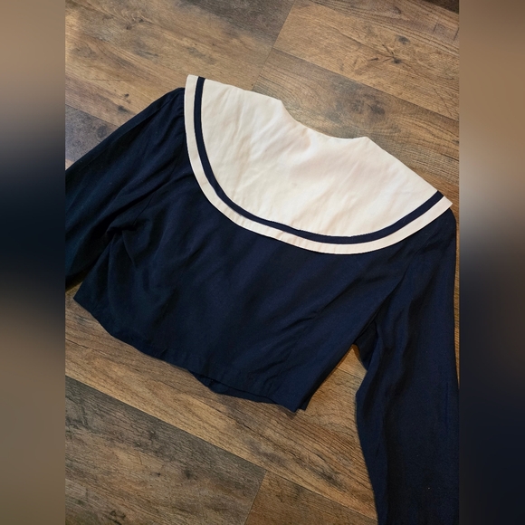 Jonathan Martin Vintage 80's Women's Navy Blue & White Cropped Sailor Blouse 7/8 - Picture 5 of 9